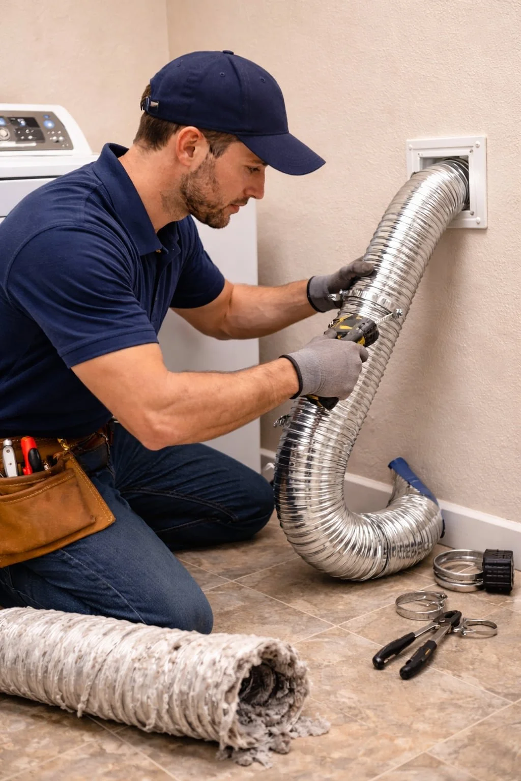 Dryer vent repair service icon showing technician tools fixing a damaged dryer vent hose