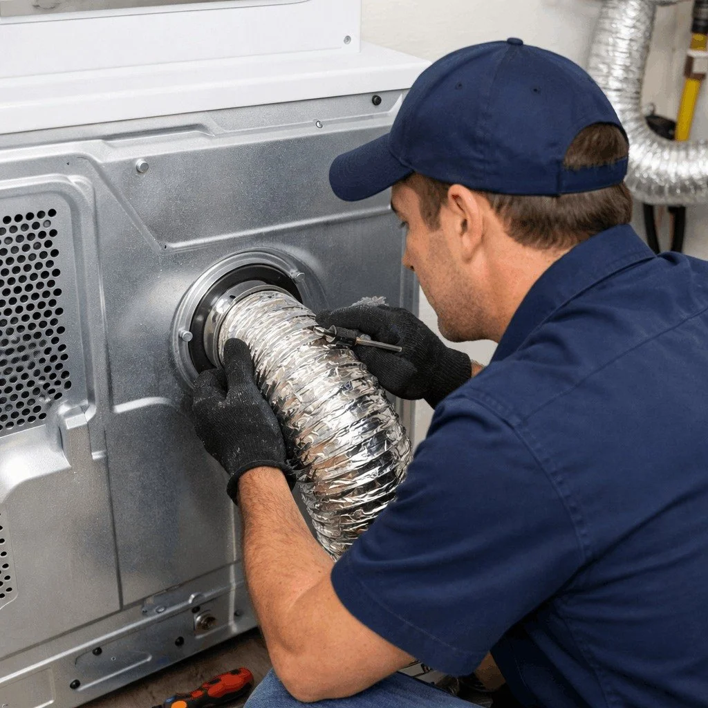 Technician installing dryer vent hose behind a residential dryer ensuring secure airflow connection and proper ventilation
