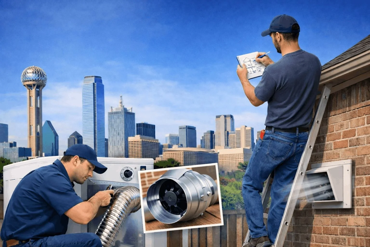 Technicians installing and planning dryer vent rerouting with booster fan in Dallas skyline background
