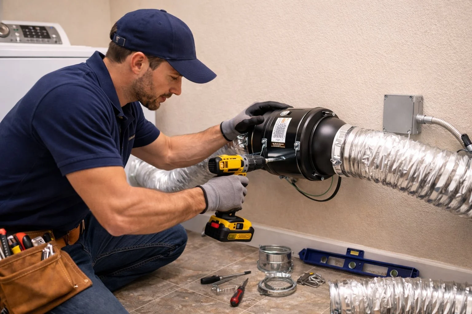 Technician installing a dryer vent booster fan to improve airflow in a residential dryer vent system.