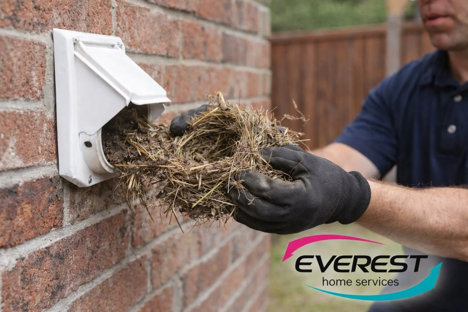 Technician removing bird nest from exterior dryer vent on residential brick home