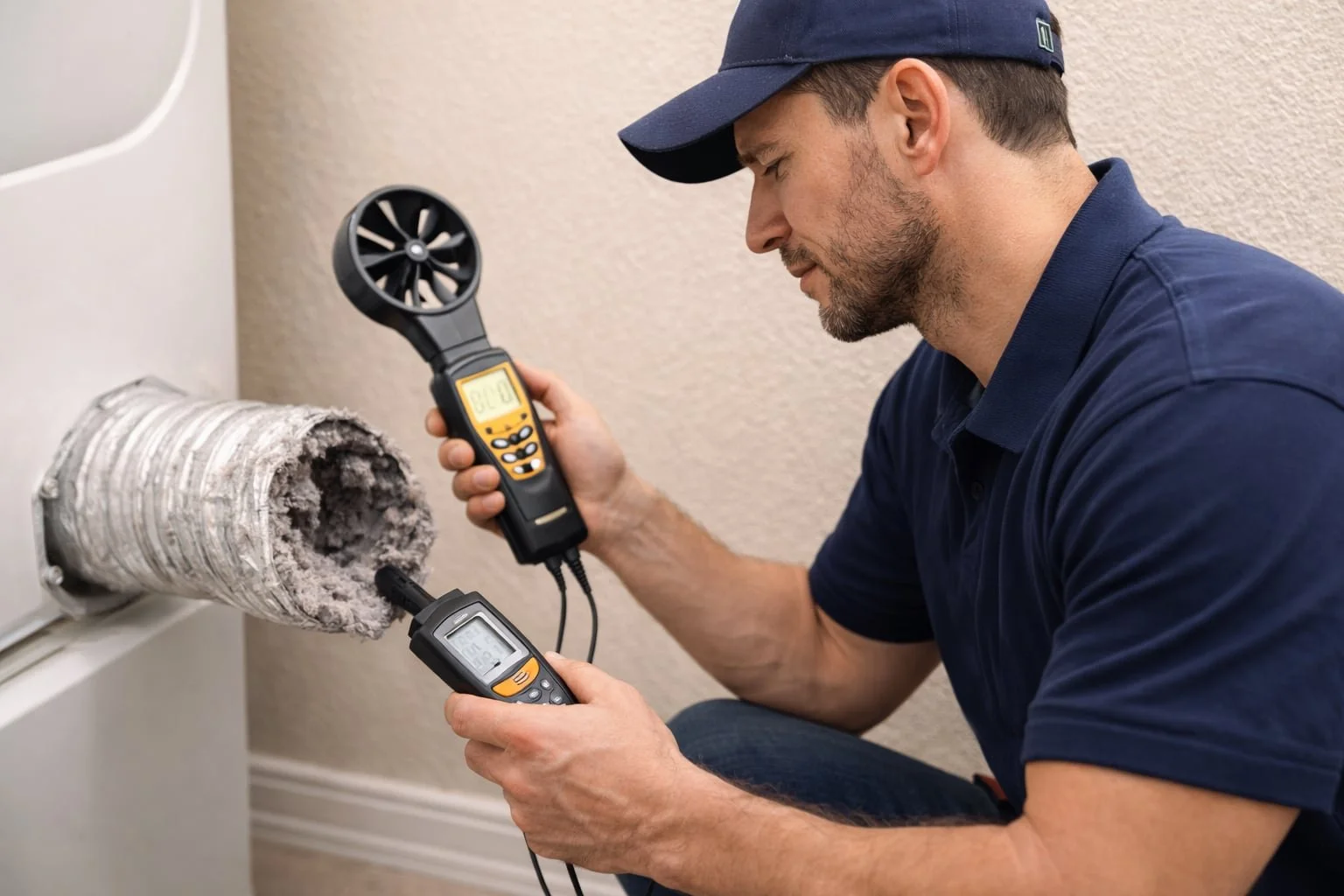 Technician inspecting a clogged dryer vent and measuring airflow using a digital air flow sensor