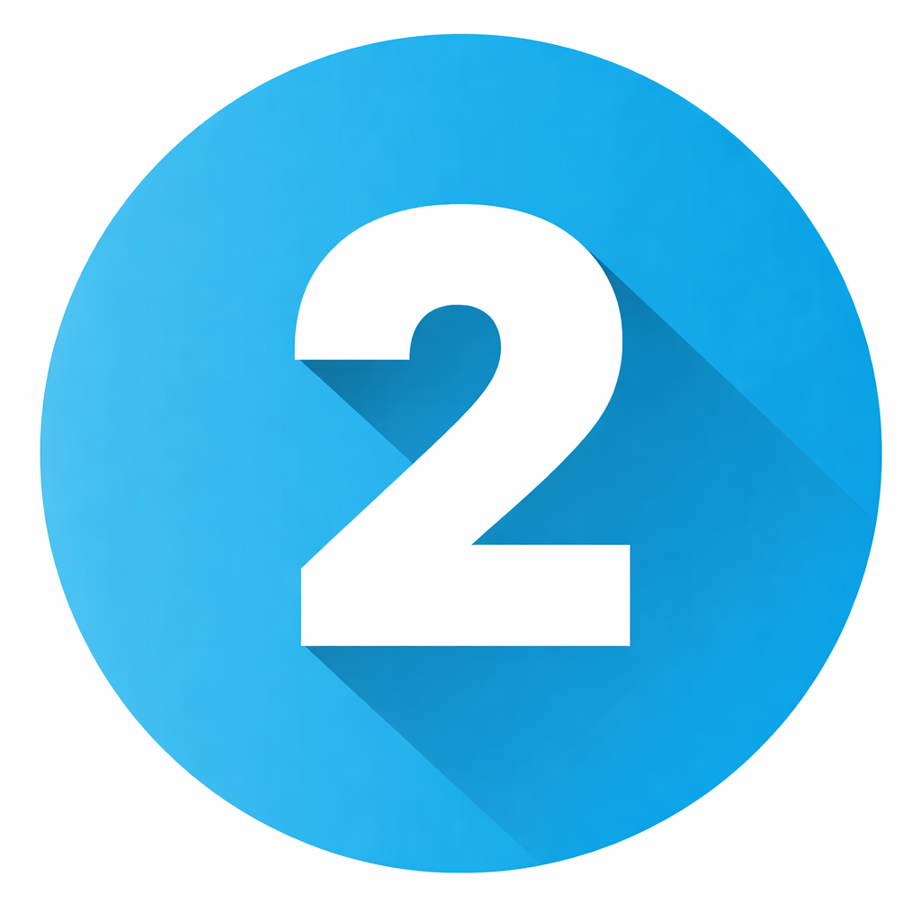 A bold white number 2 with a long shadow on a bright blue circular background.
