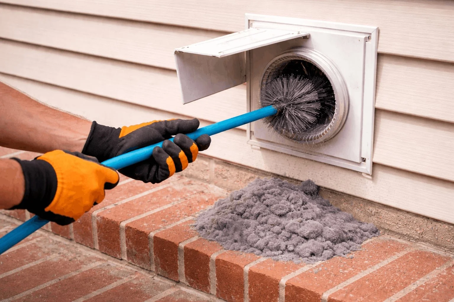 Professional dryer vent cleaning from exterior vent using brush tool to remove lint buildup and improve airflow