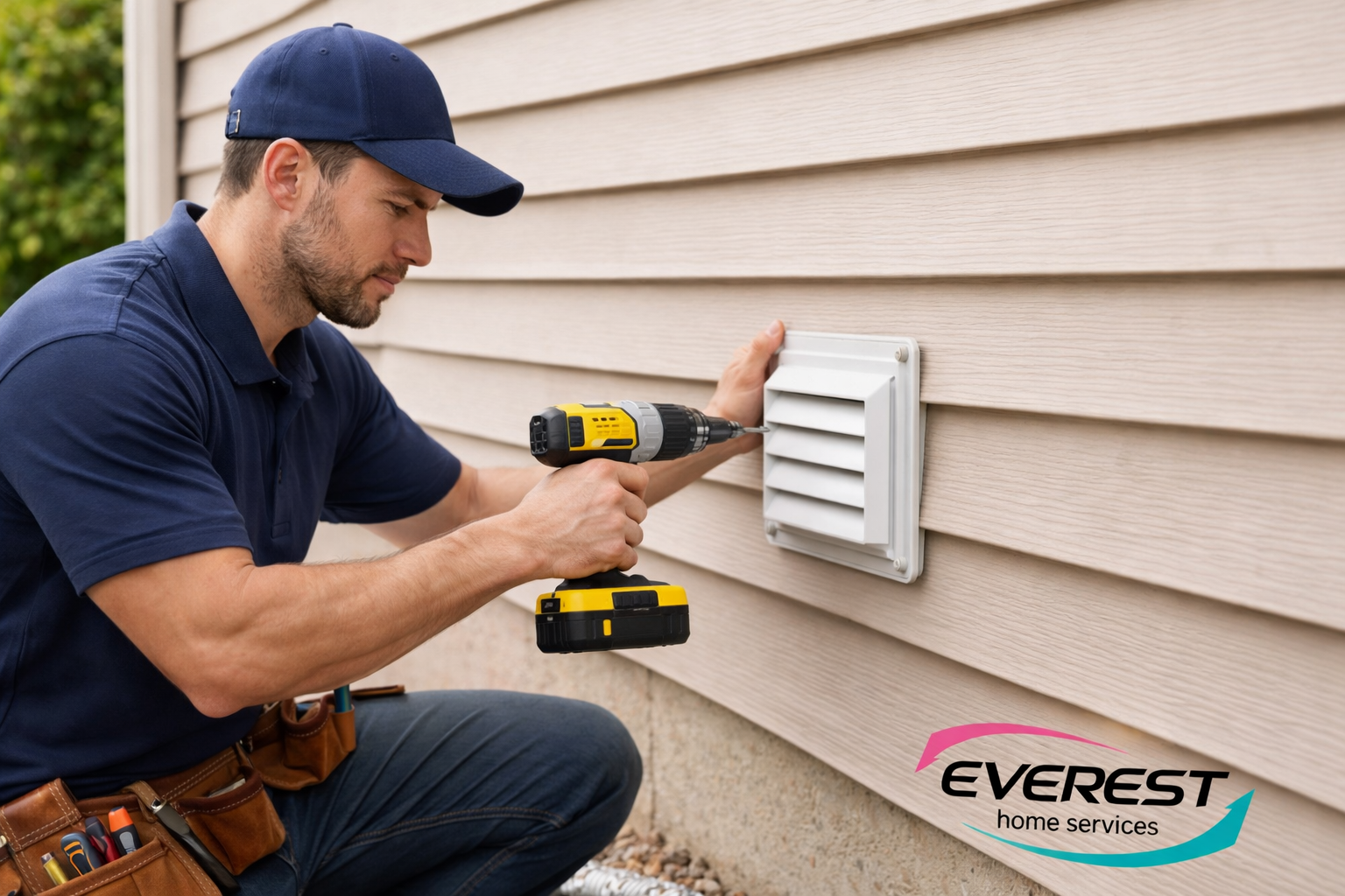 Technician installing an exterior dryer vent cover on a home using a drill with Everest Home Services logo in bottom right corner