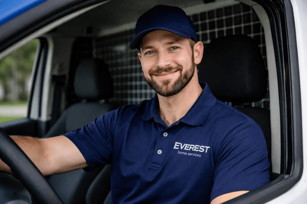 Everest Home Services technician smiling inside branded service van in Denton TX, ready for dryer vent cleaning and repair service