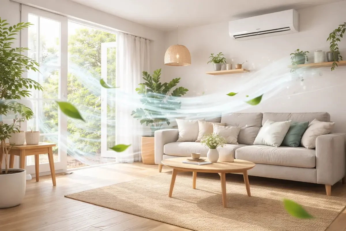 Bright, energy-efficient living room with clean indoor air representing professional air duct cleaning, dryer vent cleaning, and attic insulation services in the Dallas–Fort Worth area.