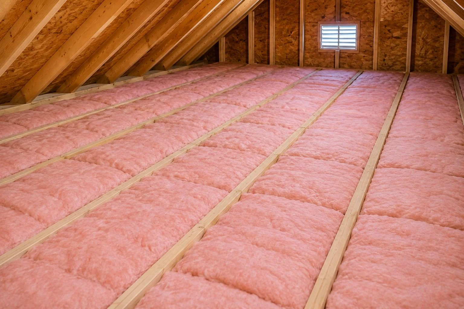 Fiberglass batt insulation installed between attic floor joists in a residential home in Dallas, Texas.