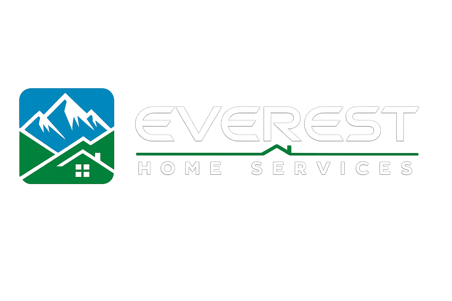 Everest Home Services logo with a blue mountain and green house icon, white "EVEREST HOME SERVICES" text, green roofline accent, and transparent background.