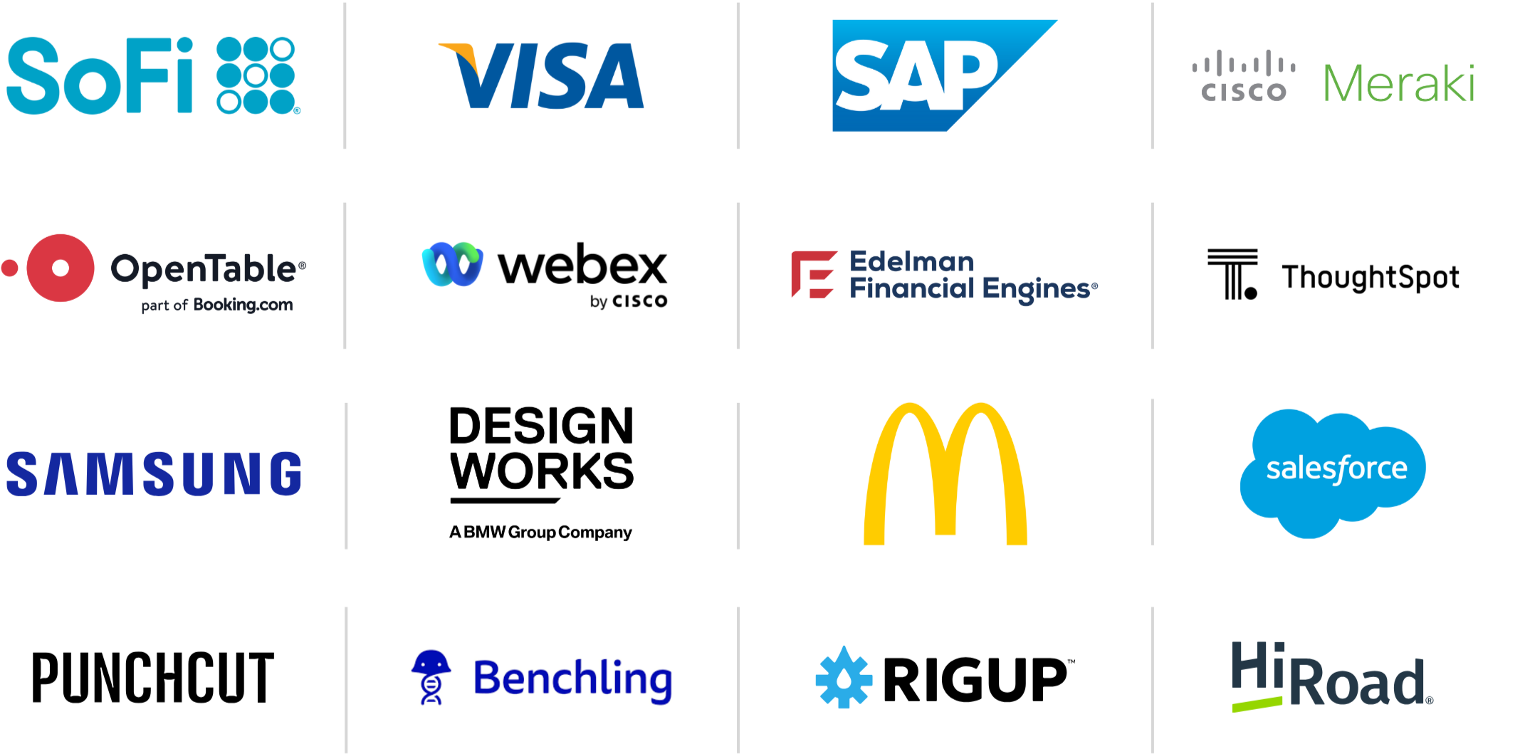 A collection of company logos arranged in four rows. The first row includes SoFi, Visa, SAP, and Cisco Meraki. The second row features OpenTable, Webex, Edelman Financial Engines, and ThoughtSpot. The third row displays Samsung, Design Works, McDonald's, and Salesforce. The fourth row contains Punchcut, Benchling, RigUp, and HiRoad.