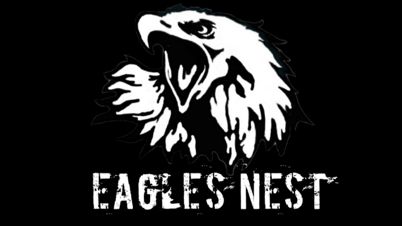Black-and-white graphic of an eagle's head with its beak open, above the text 'EAGLES NEST' in distressed font.