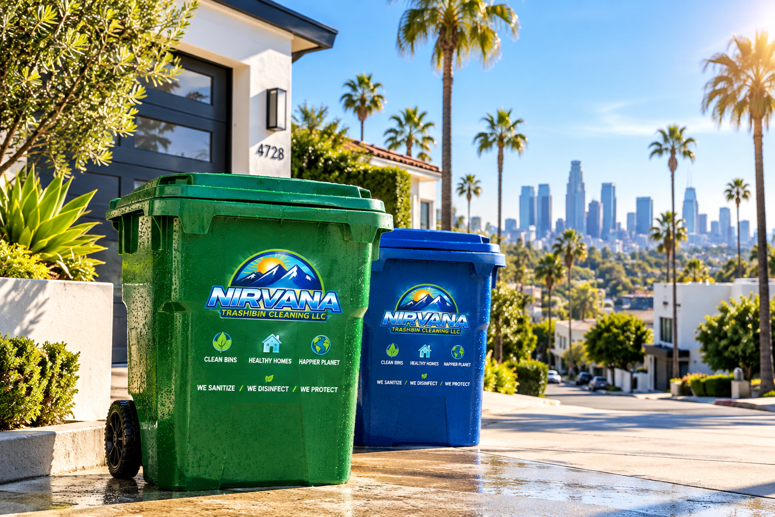 NIRVANA trash bins outside a Los Angeles home with palm trees and the downtown skyline in the background.