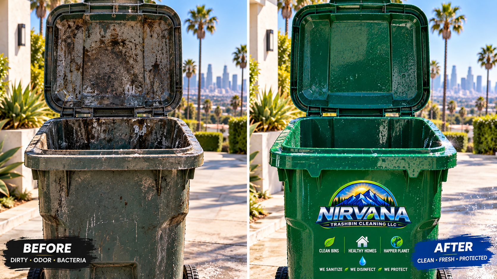 Before and After comparison of a dirty trash bin and a professional cleaned NIRVANA trash bin in Los Angeles.