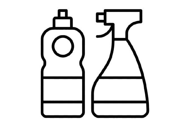 Line drawing of two spray bottles, one with a spray nozzle and the other with a trigger, against a black background.