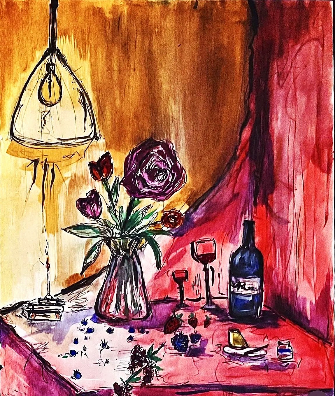 A colorful still life of a vase with purple and red flowers, a bottle of wine, and glasses on a table with a pink tablecloth, with a hanging lamp and a wooden background.