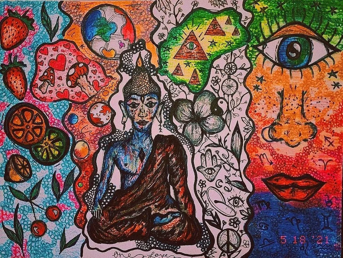 A colorful abstract artwork featuring a central figure of a meditating woman with blue skin, surrounded by various symbols including strawberries, citrus slices, butterflies, flowers, and eyes. The background includes a large eye, a triangle pattern,