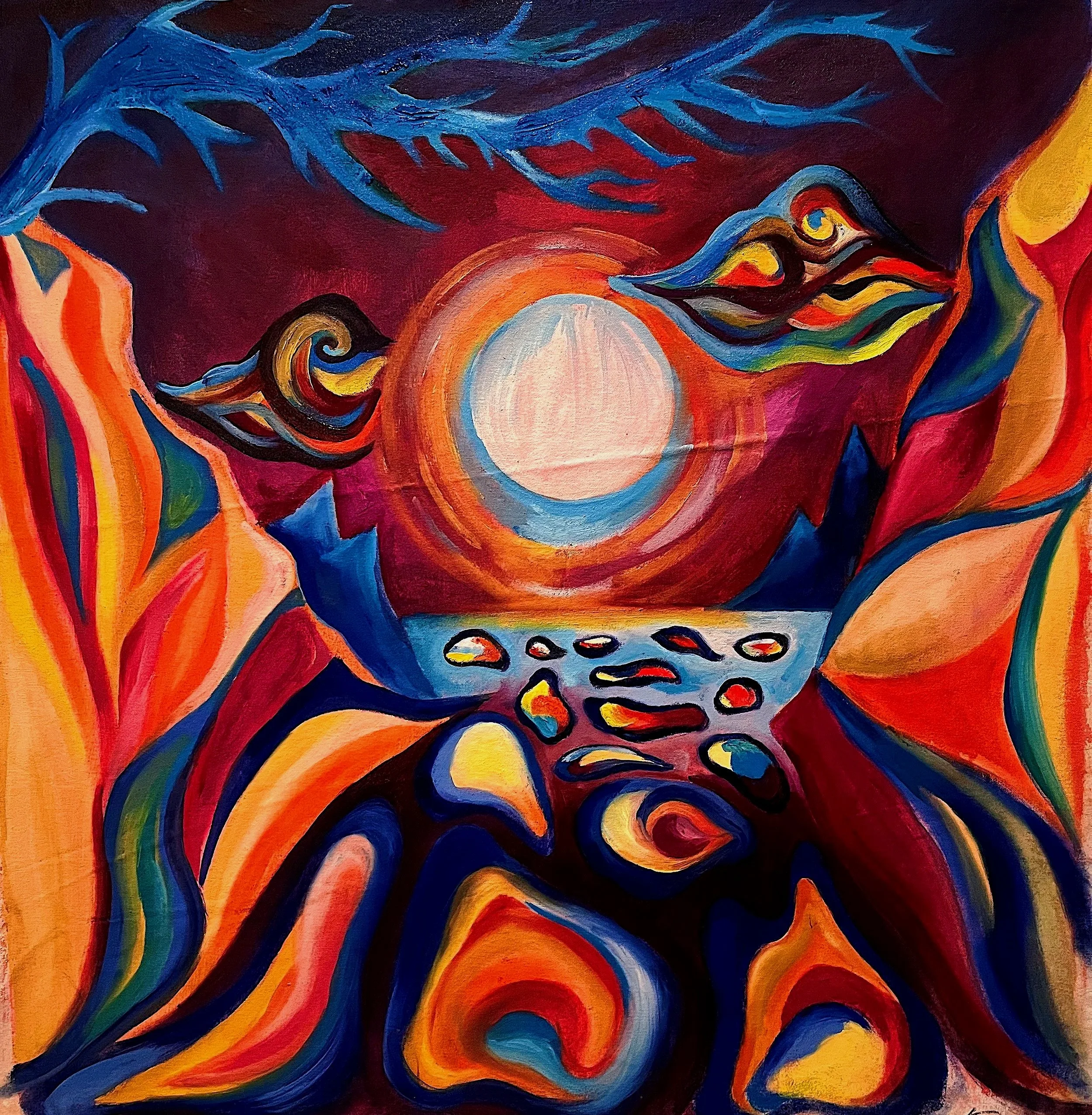 Abstract painting with swirling shapes and colors, featuring a central circle resembling a sun or moon, surrounded by bold strokes in red, orange, blue, yellow, and black.
