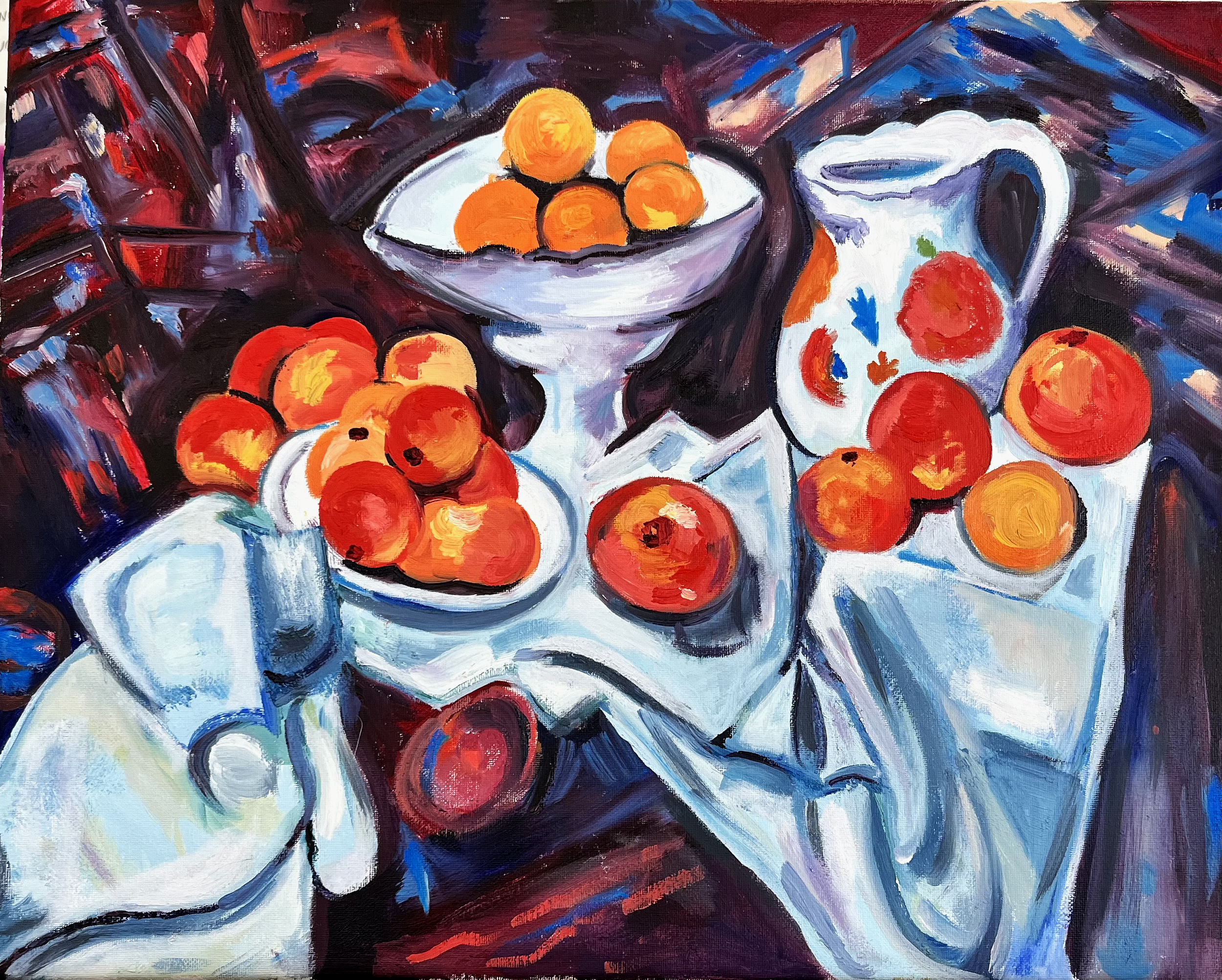 A still life painting featuring a bowl of peaches, a plate of peaches, a pitcher and a glass of milk on a table with a white cloth, in a vibrant and expressive style.