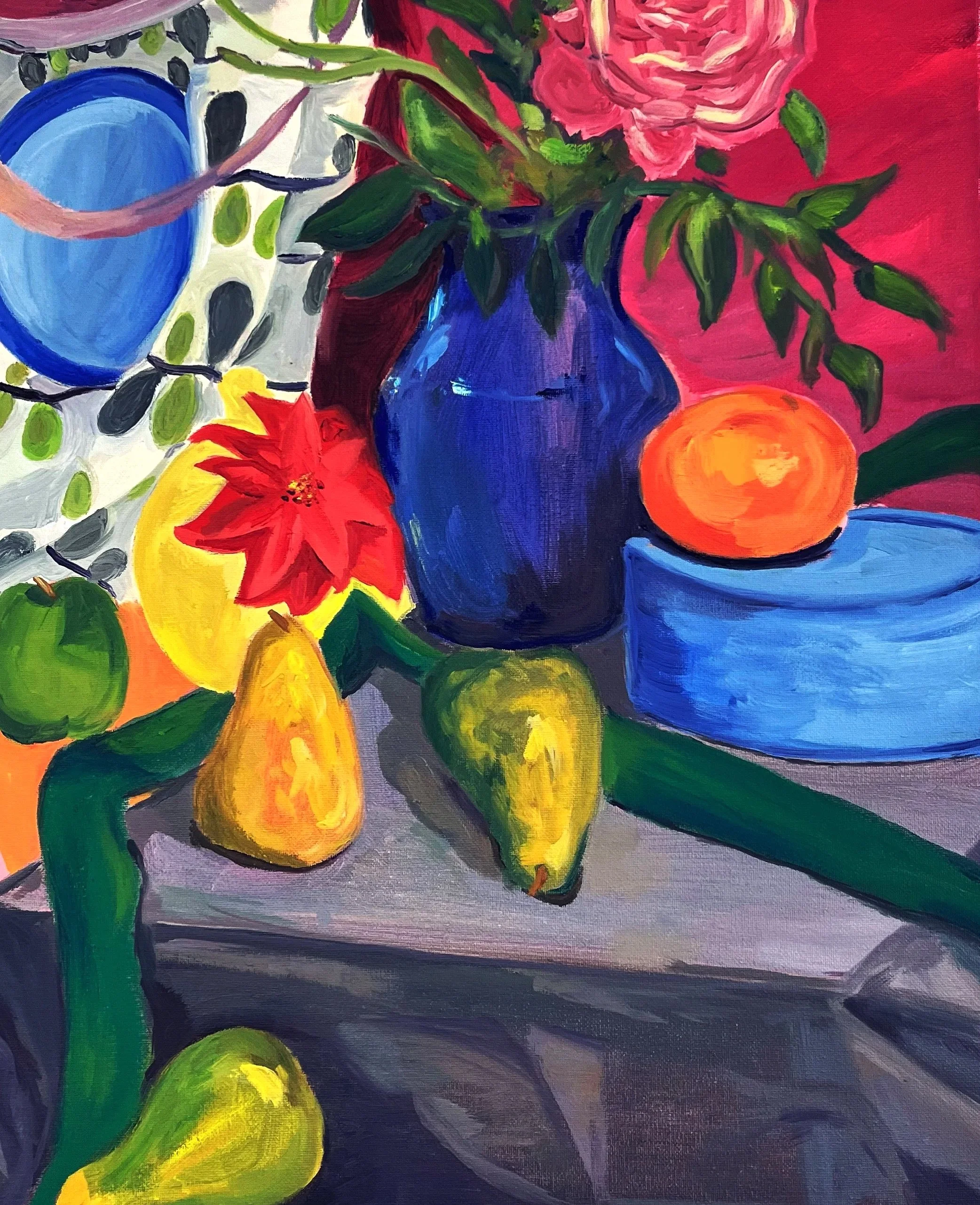 A colorful still life painting featuring a blue vase with pink flowers, various fruits including pears, an apple, and an orange, a red poinsettia flower, and a blue plate on a table with a gray cloth.