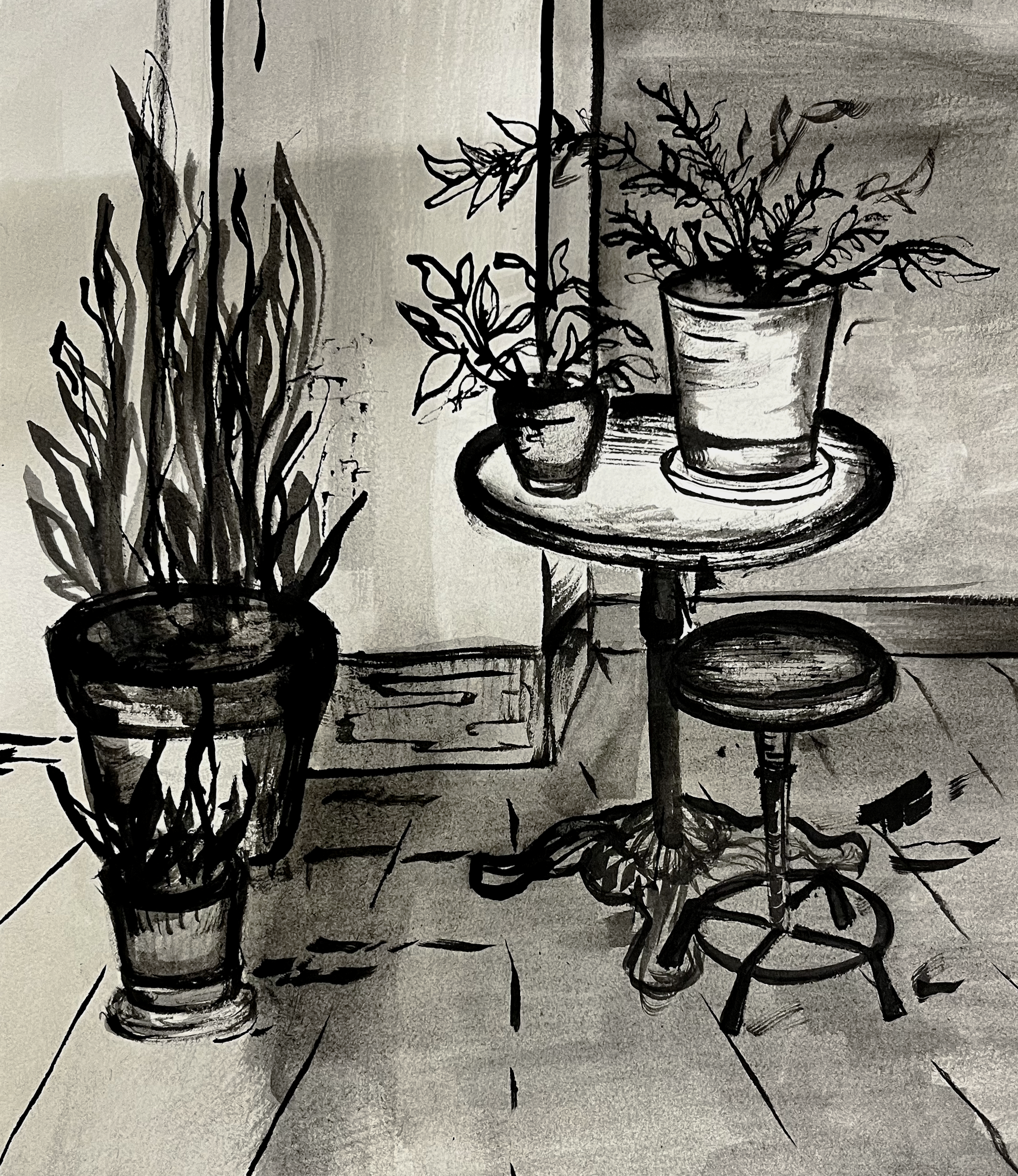 Black and white sketch of potted plants on a table, a stool, and a tiled floor.