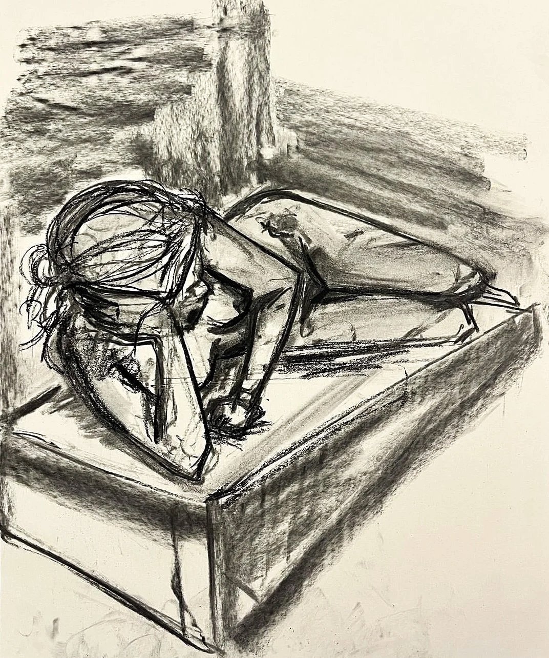 Black and white sketch of a woman lying on a bed, with one arm under her head and the other resting on the bed, with her eyes closed and hair tied back, in a simple room.