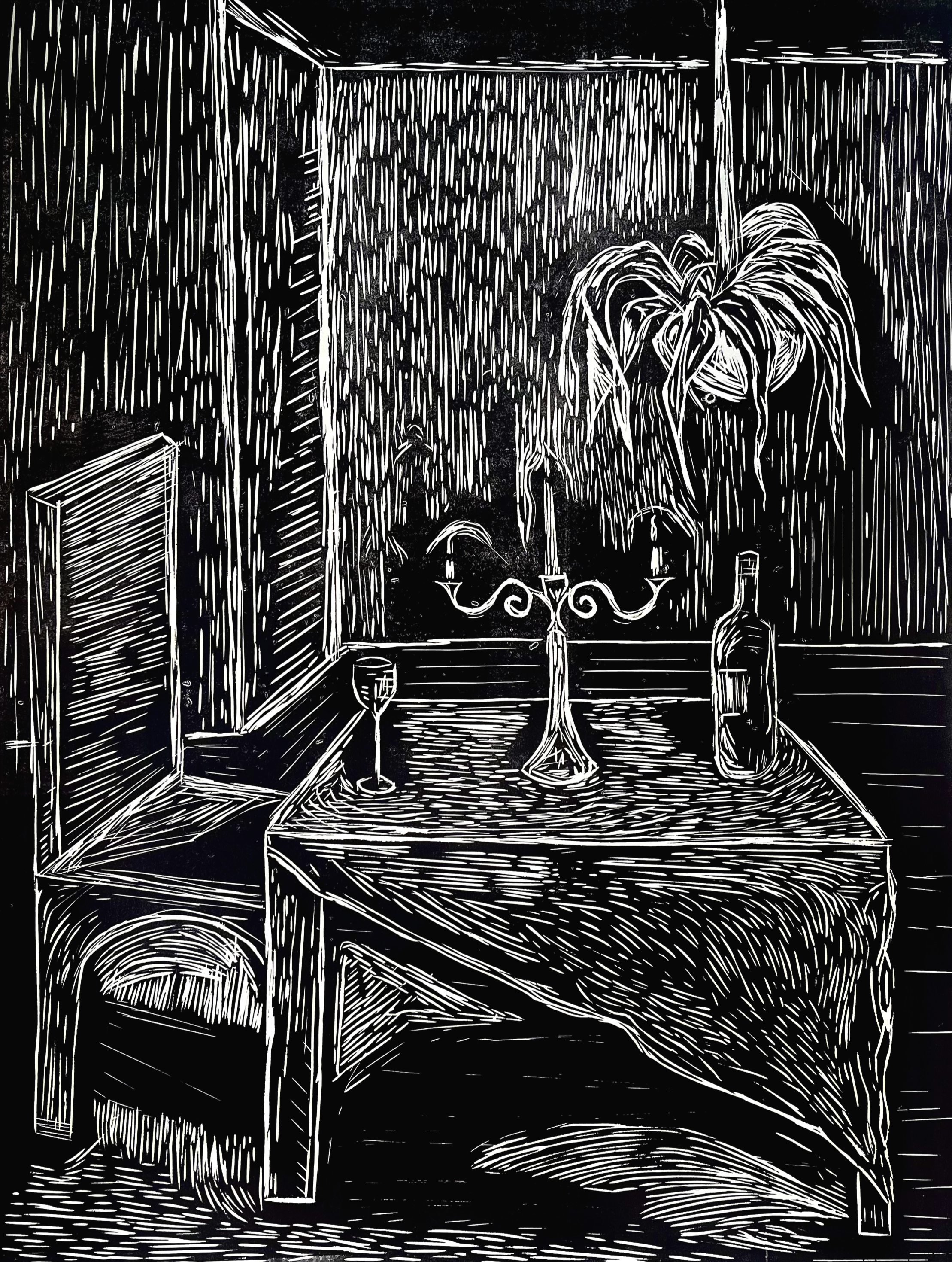 A black and white line drawing of a dining room scene featuring a round table with a tablecloth, a candelabra, a wine bottle, and a filled glass. There are two chairs, one on each side of the table. A large plant with long leaves hangs from the ceili