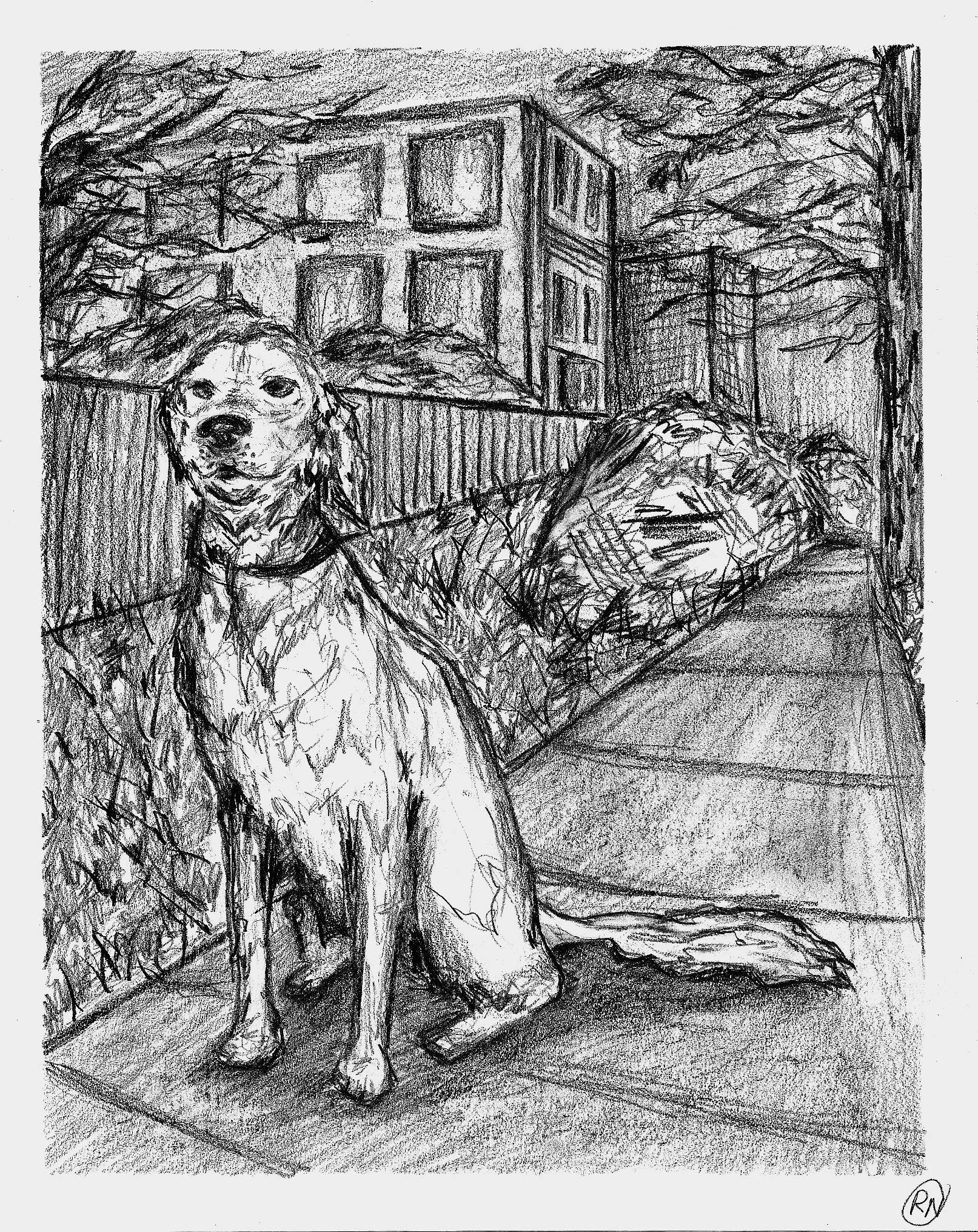 A pencil sketch of a dog sitting on a patio in front of a backyard fence, with a large cushion or pillow nearby, and a house with multiple windows in the background.