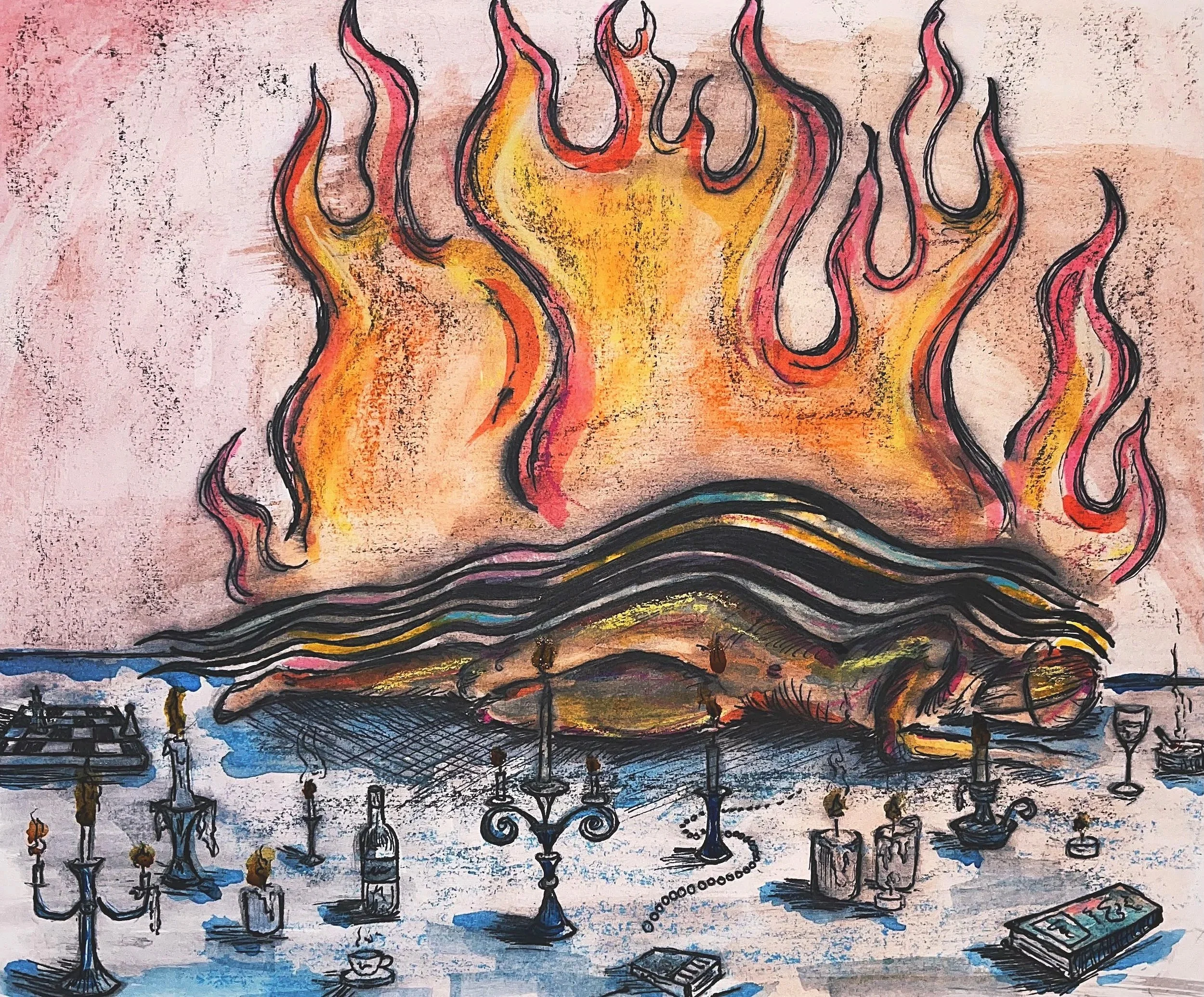 A surreal painting of a large, flaming figure with a swirling, fiery aura, set against a textured background. The scene includes candles, bottles, and various objects on a table in the foreground.