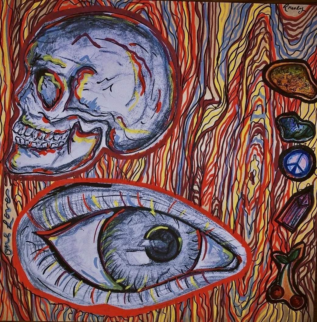 A vibrant abstract artwork featuring a skeleton skull and a human eye, with colorful lines and objects on a textured background.