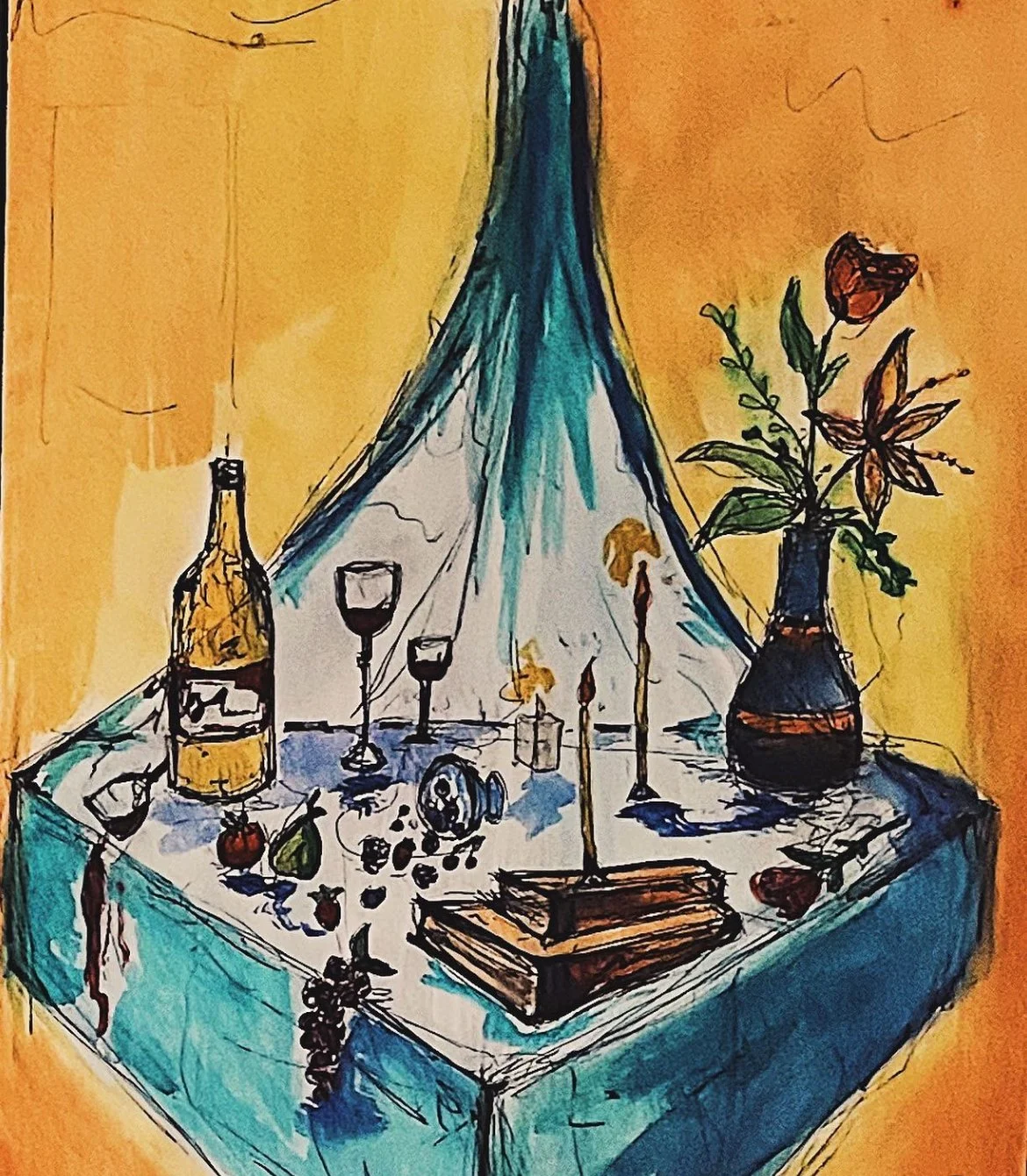 A colorful painting of a table set with a bottle of wine, two glasses of wine, a candlestick with a lit candle, a vase with flowers, and various small objects, with a yellow background.