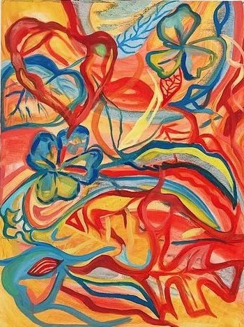 Abstract colorful painting with hearts and flowers in red, blue, yellow, and green colors