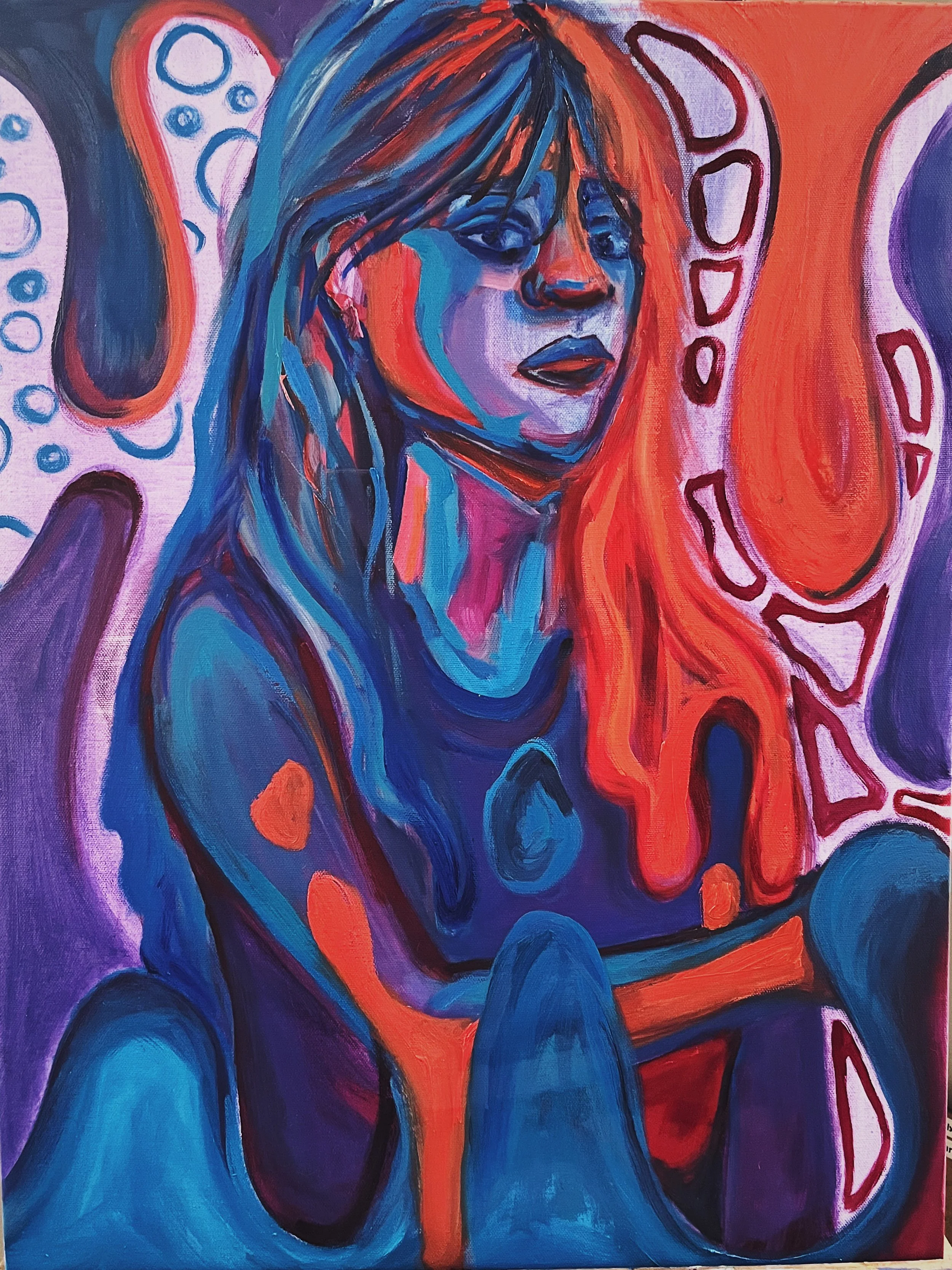 Colorful abstract painting of a woman with long hair, sitting with arms crossed, surrounded by vibrant, swirling patterns and shapes.