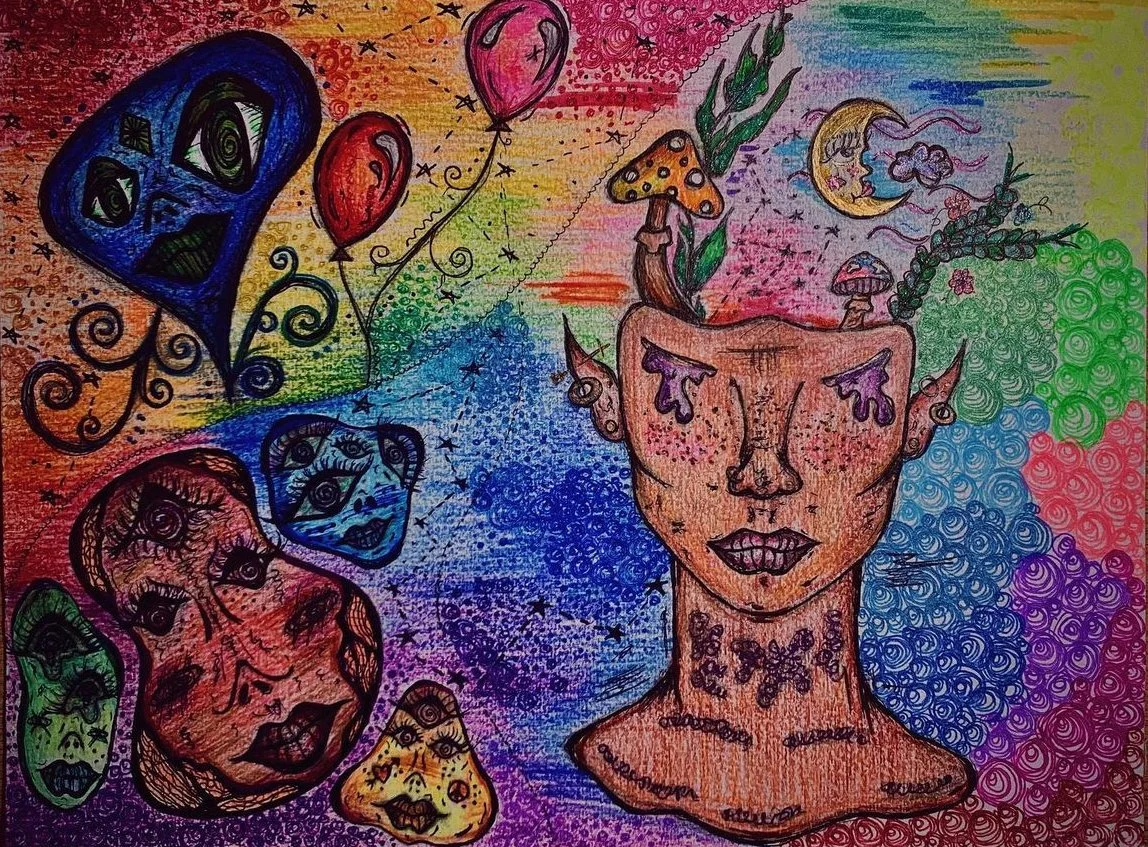 Colorful abstract drawing featuring multiple female faces with closed eyes, various facial expressions, and decorative elements. The background contains a rainbow of colors with swirling patterns, stars, balloons, mushrooms, a crescent moon, and whim