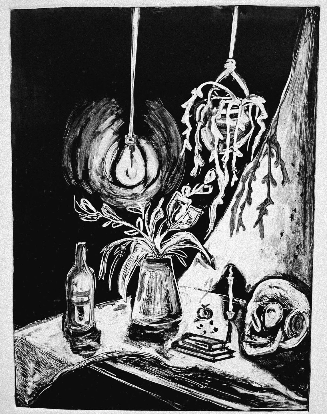 Black and white painting of a table with a vase of plants, a bottle, a skull, an open book, a candle, and hanging plants, with a dark background.
