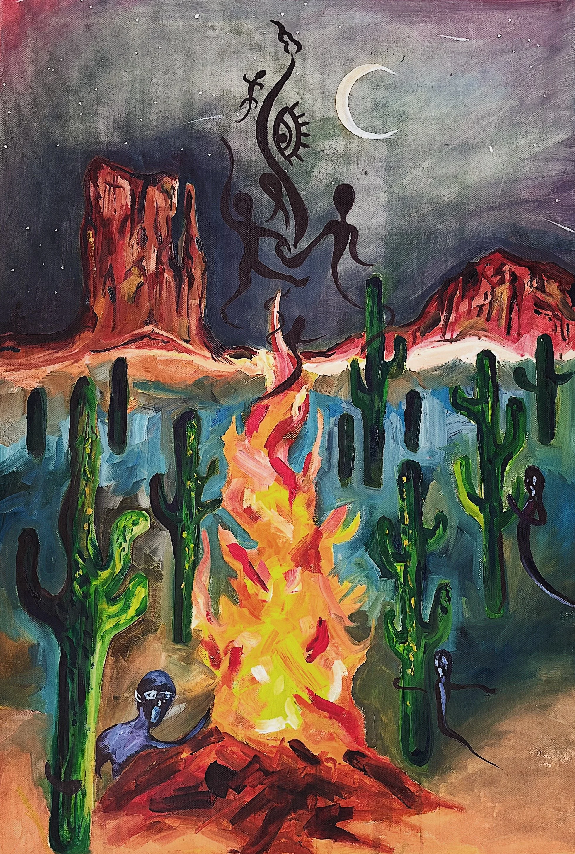Abstract desert landscape featuring mesas, cacti, and a hiking trail with a fiery appearance, dark sky with a crescent moon, and multiple ghostly, ghost-like figures and symbols floating and emerging around the scene.