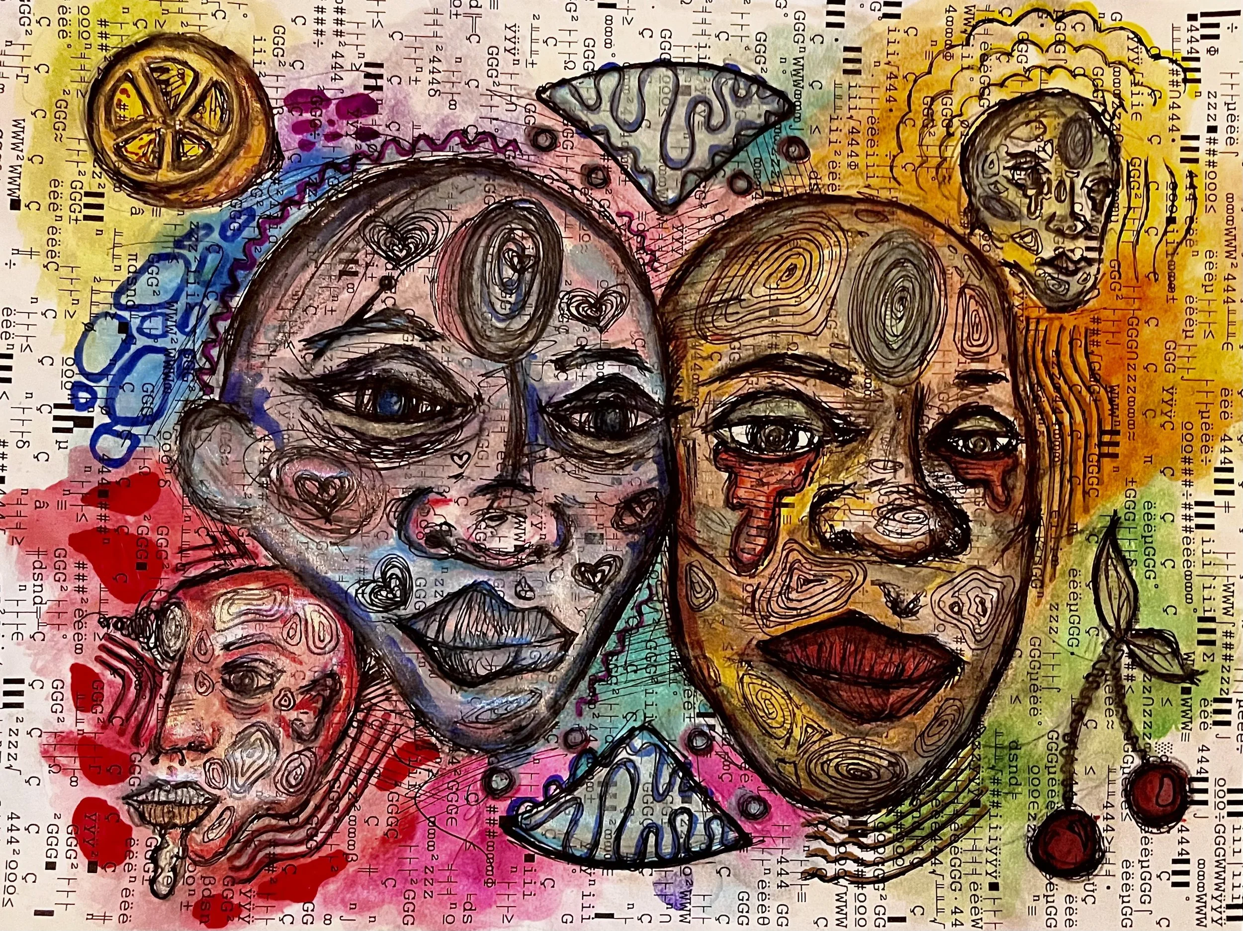 Mixed media artwork featuring abstract, stylized portraits of three women with prominent facial features, surrounded by colorful backgrounds, hearts, lemons, skulls, and botanical elements, overlaid with collage-like text and barcode patterns.