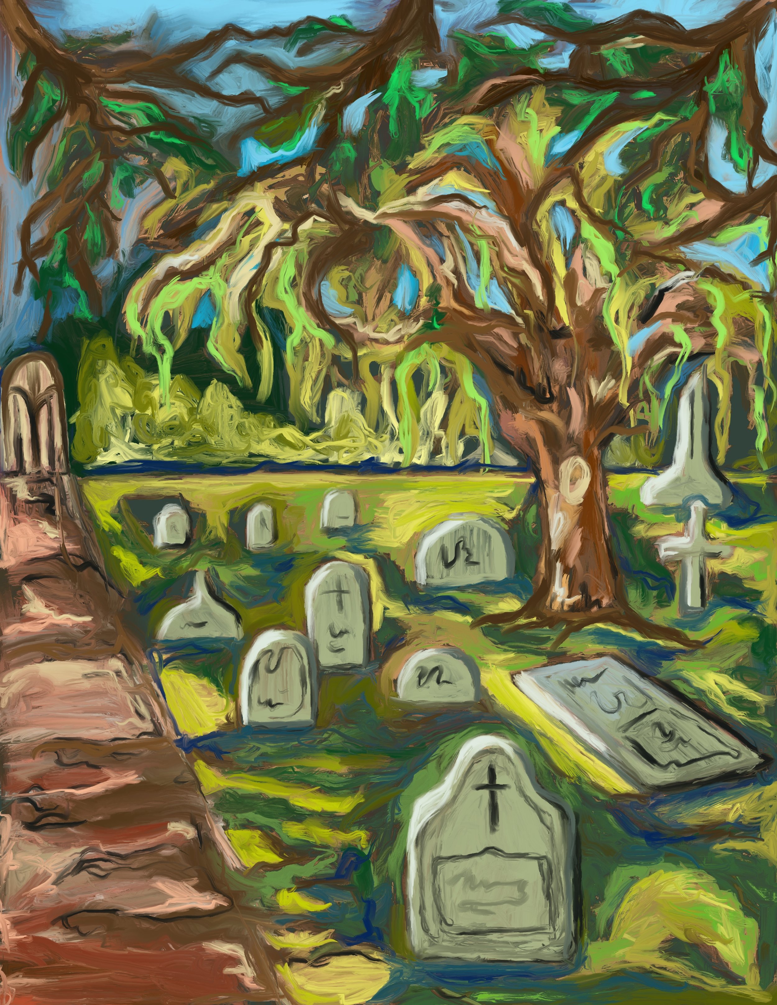 A colorful painting of a cemetery scene with various gravestones, a large tree with hanging moss, and a cross monument, under a partly cloudy sky.