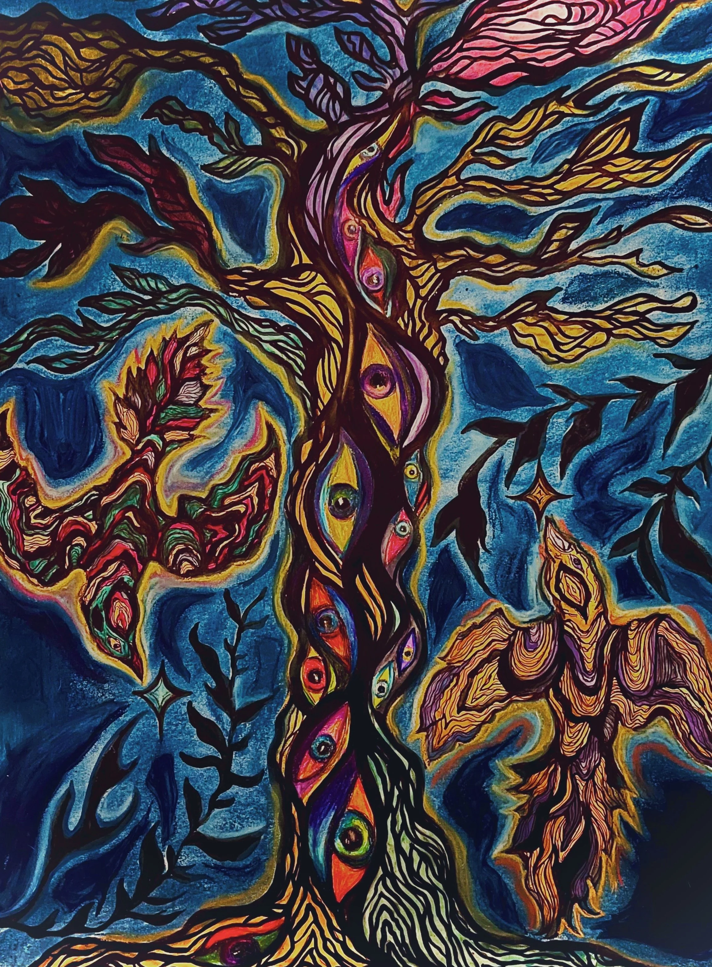 Colorful abstract painting of a twisted tree with eyes in its trunk and branches, surrounded by swirling leaves and intricate patterns in shades of blue, yellow, red, and purple.