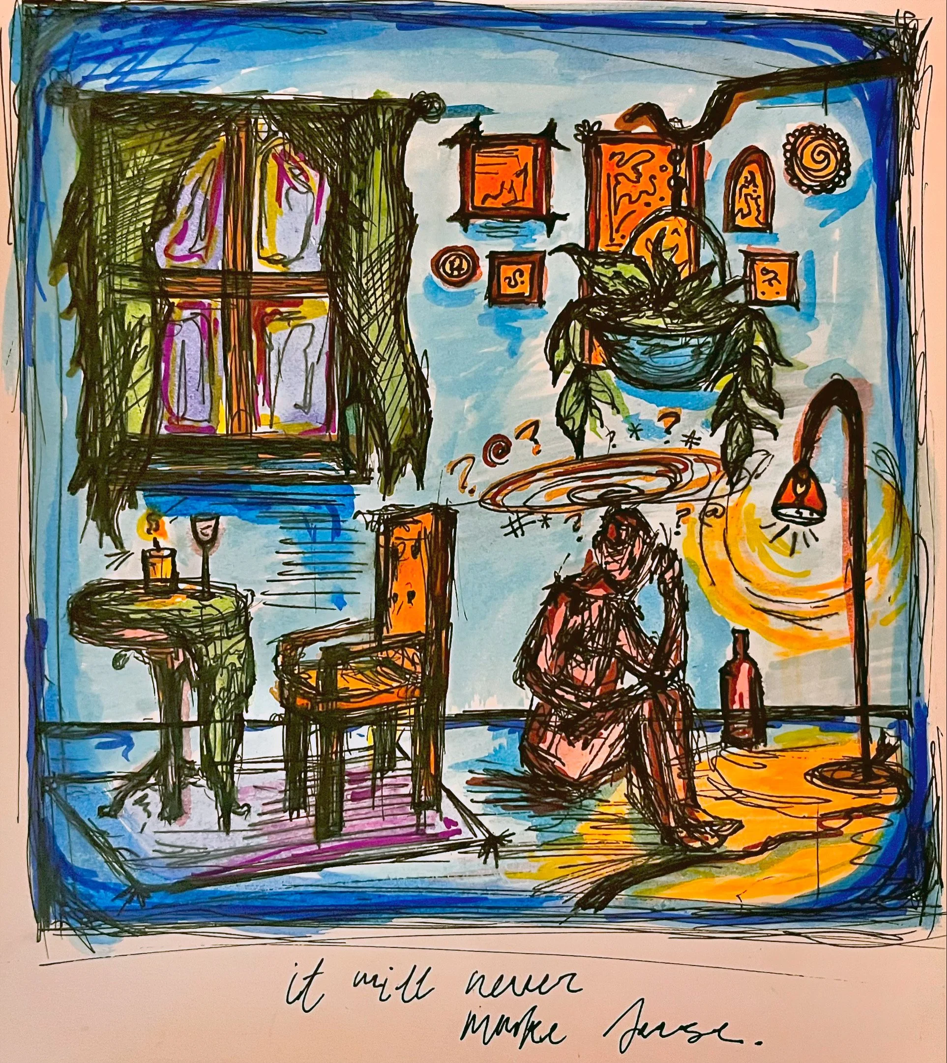 Colorful sketch of a cozy interior room with a person sitting on the floor, surrounded by furniture such as a table, chairs, a lamp, wall art, and indoor plants.