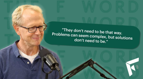 A man with glasses and a blue shirt speaking into a microphone, with a green background featuring the word 'WORD' repeatedly, and a quote that reads, 'They don't need to be that way. Problems can seem complex, but solutions don't need to be.'