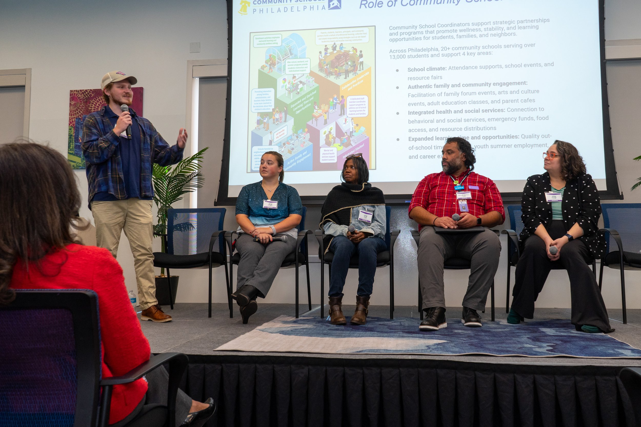 A panel discussion at a conference with five people on stage, one standing and speaking into a microphone, and four seated, three with microphones on their laps. A large screen behind them displays a slide with text and illustrations about community 