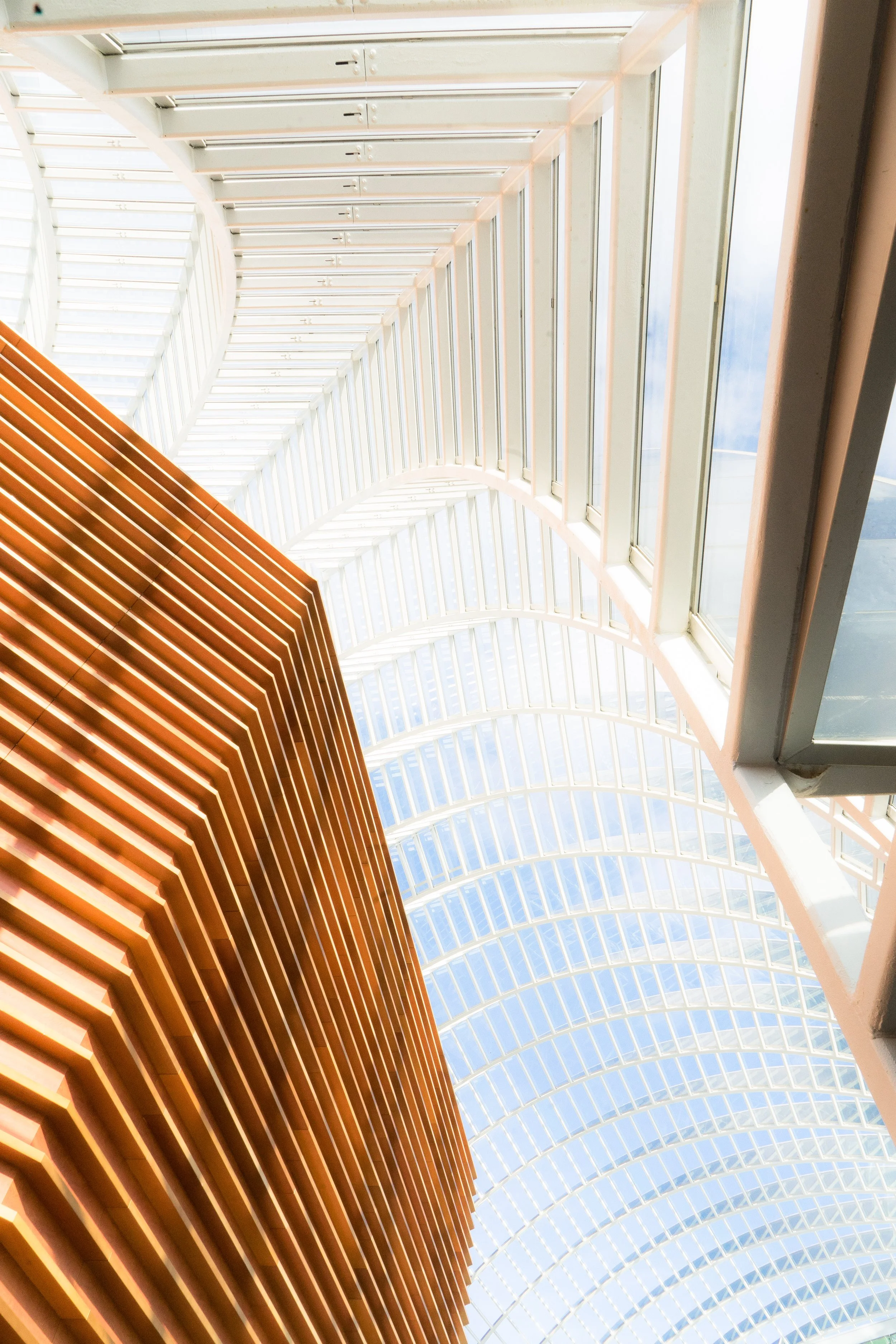 Interior view of a building with a high, arched glass ceiling, supporting white frames, and vertical orange wooden slats on a wall.