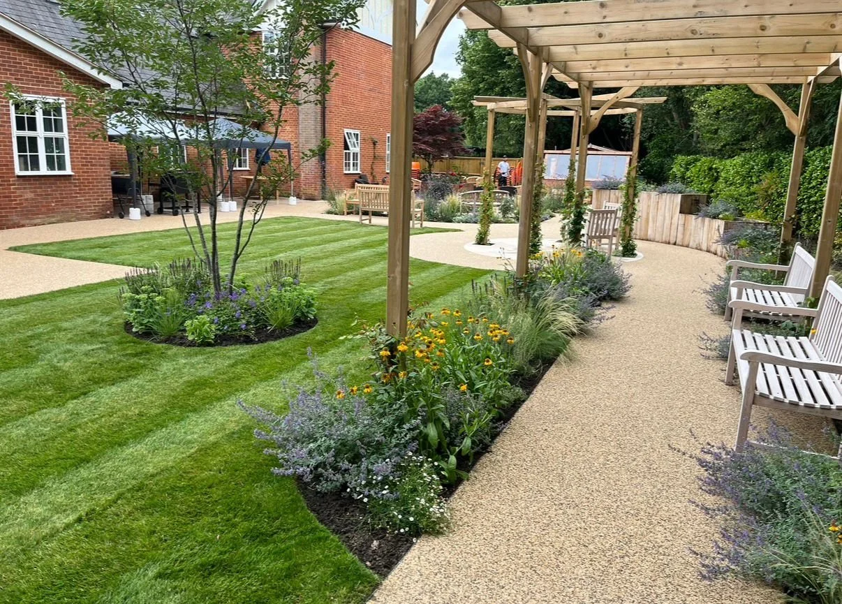 A well-maintained backyard with a brick house, a green grassy lawn, a young tree surrounded by purple flowers, a sandy walking path, and a wooden pergola with benches and flower beds along the edge.