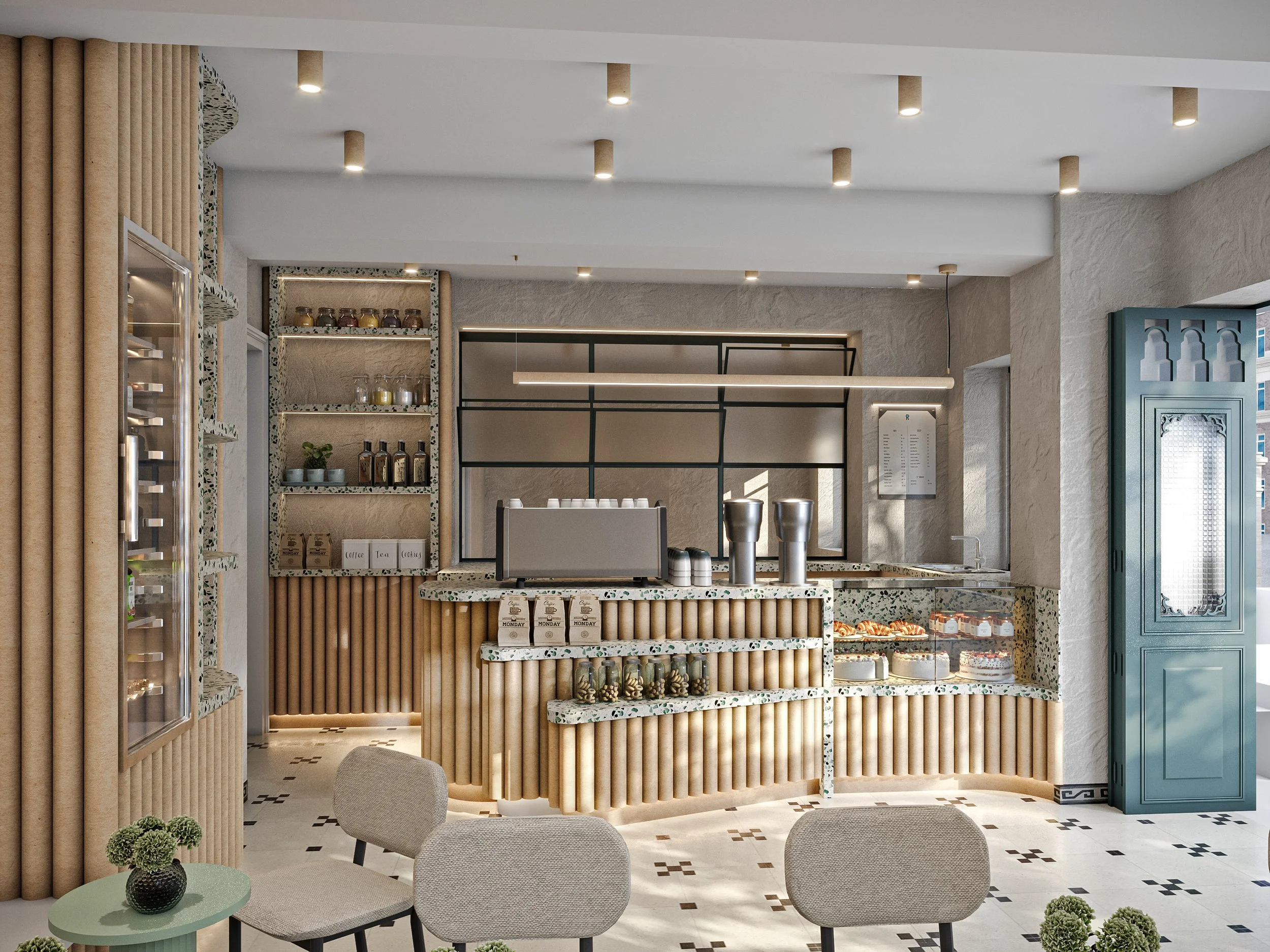 Modern coffee shop with a cappuccino machine, glass display case with baked goods, and seating area with chairs and small tables.