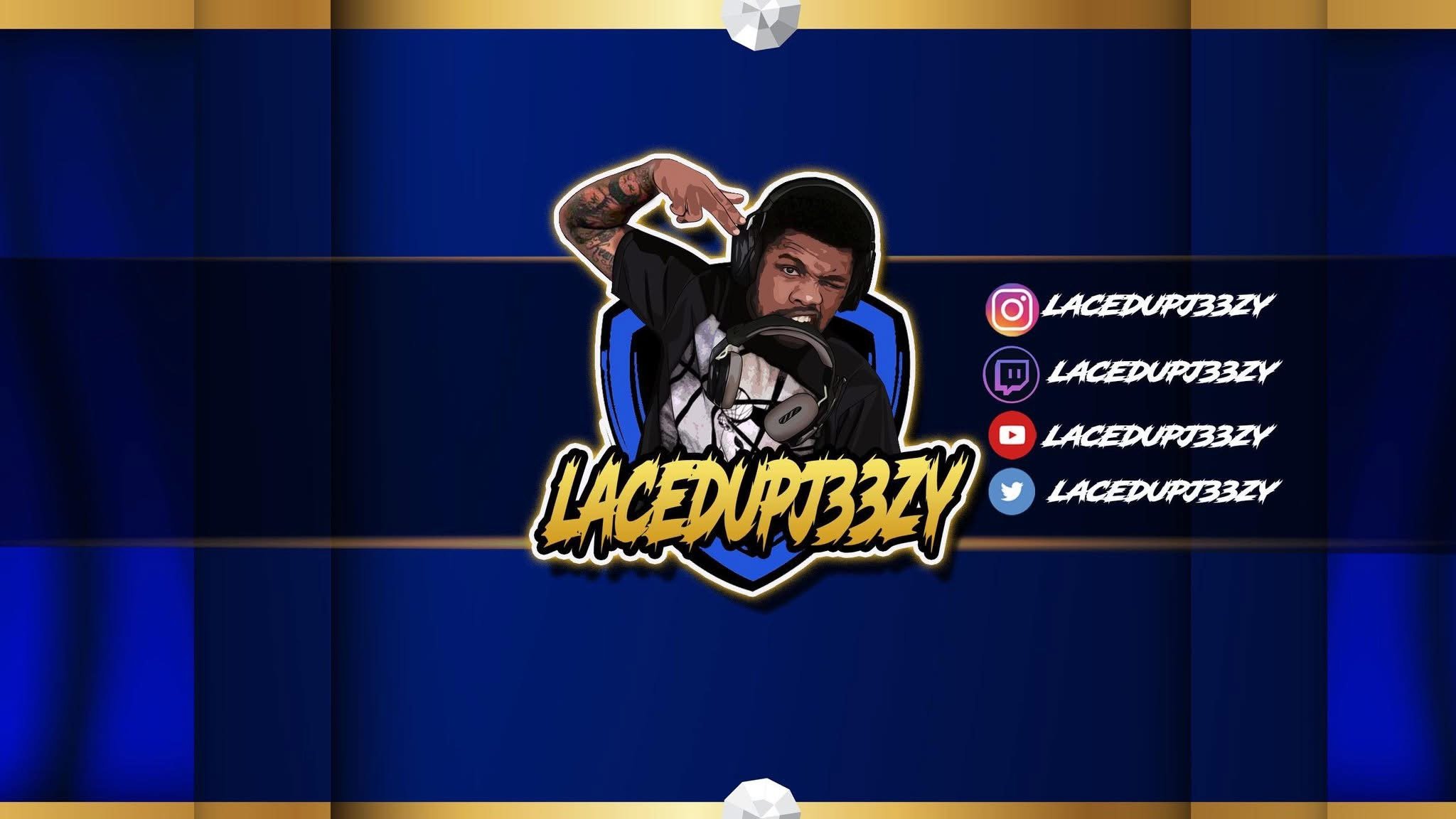 Illustrated YouTube banner featuring a man with headphones, pointing with his index finger near his head. The banner displays his social media handles: Instagram, Twitch, YouTube, and Twitter. The background is predominantly dark blue with golden accent lines, and the name "LACEDUP33ZY" is prominently written across the bottom of the illustration.