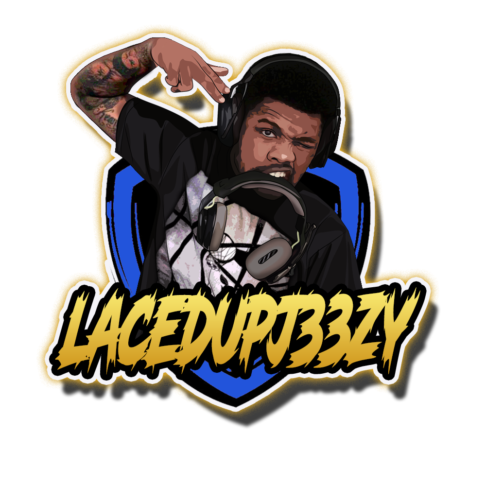 A young man with tattoos, wearing headphones, making a playful expression, pointing to his head, with the text 'LacedUp333AY' in bold yellow letters with a black outline beneath him.