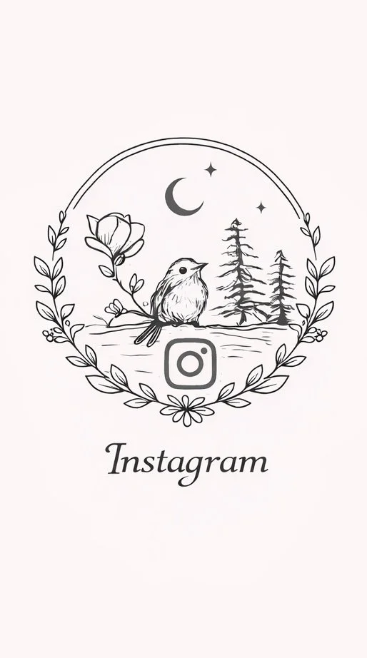 A black and white illustration featuring a bird on a branch, surrounded by a floral wreath, with a crescent moon, stars, and pine trees in the background. An Instagram logo is below the bird, along with the word "Instagram" in cursive.