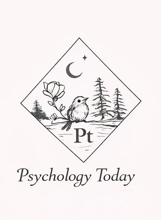 A black and white logo featuring a bird perched on a branch with leaves, a flower, a crescent moon and a star in the sky, and pine trees in the background, enclosed in a diamond shape. Below, the text reads "Psychology Today" in cursive.