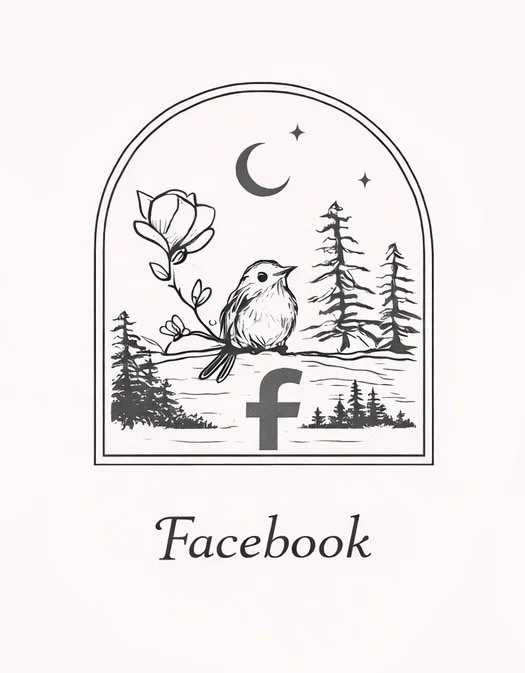 A black-and-white illustration of a bird perched on a branch with a flower, set against a landscape of trees, with a crescent moon and stars in the sky, enclosed in an arched frame, with the word 'Facebook' below.
