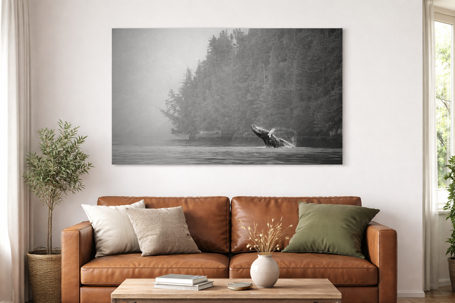 A humpback whale breaches the surface of the ocean in the Great Bear Rainforest, British Columbia, its massive body suspended mid-air with water cascading off its pectoral fins. The lush, mist-covered temperate rainforest frames the coastline in the 